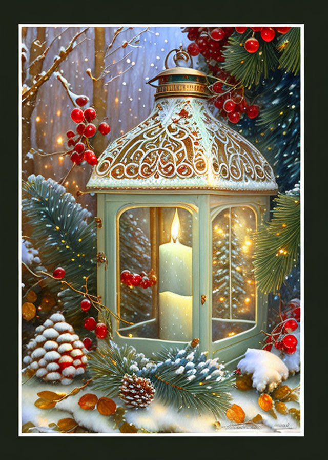 Snowy Lantern Scene with Pine Branches and Candle