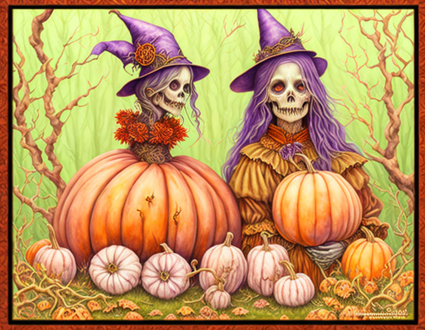 Skeletons in Witch Costumes Amidst Pumpkins and Autumn Leaves: Spooky Halloween Scene