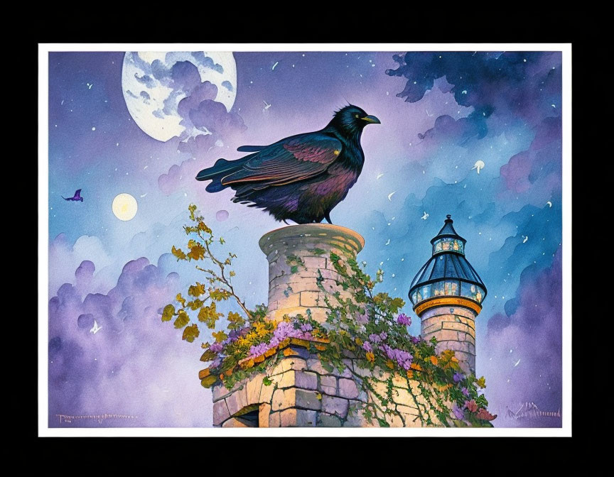 Raven on ancient stone structure with lighthouse under starry sky