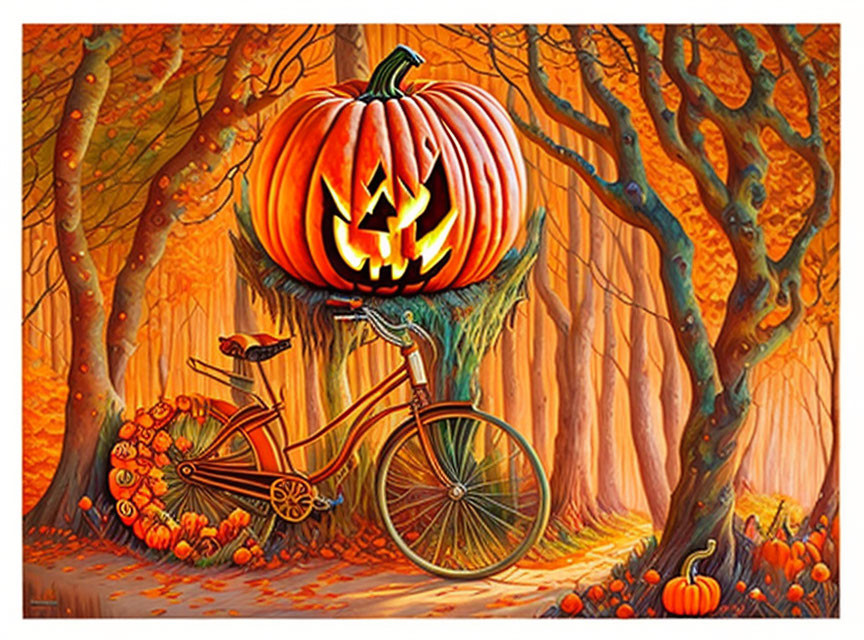 Autumn-themed image: Carved pumpkin on vintage bicycle in forest.