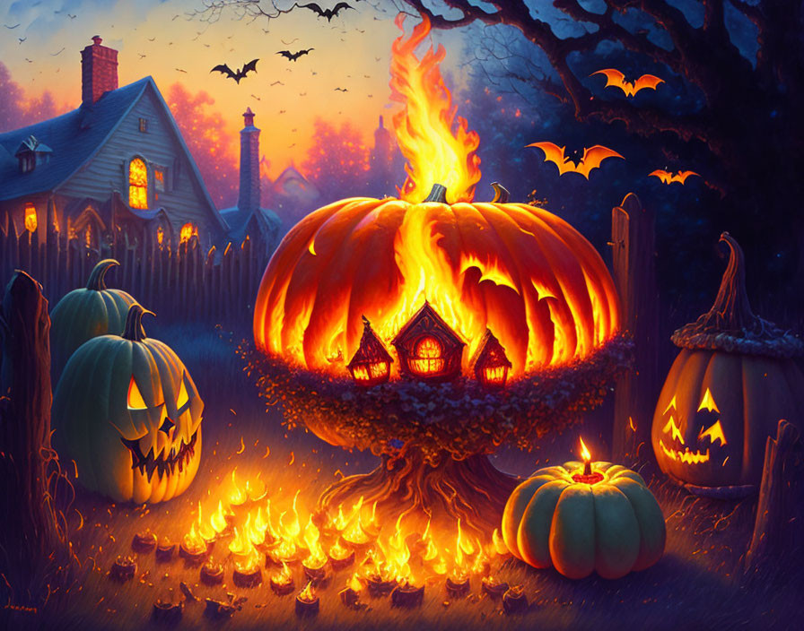 Whimsical Halloween-themed illustration with jack-o'-lantern, pumpkins, cottage, bats