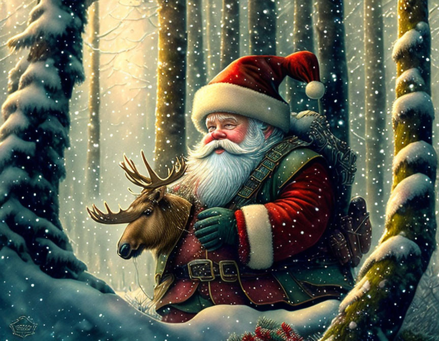 Santa Claus embracing a reindeer in snowy forest landscape