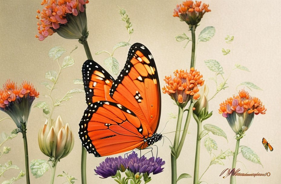 Orange Butterfly on Pink Flowers with Botanical Background