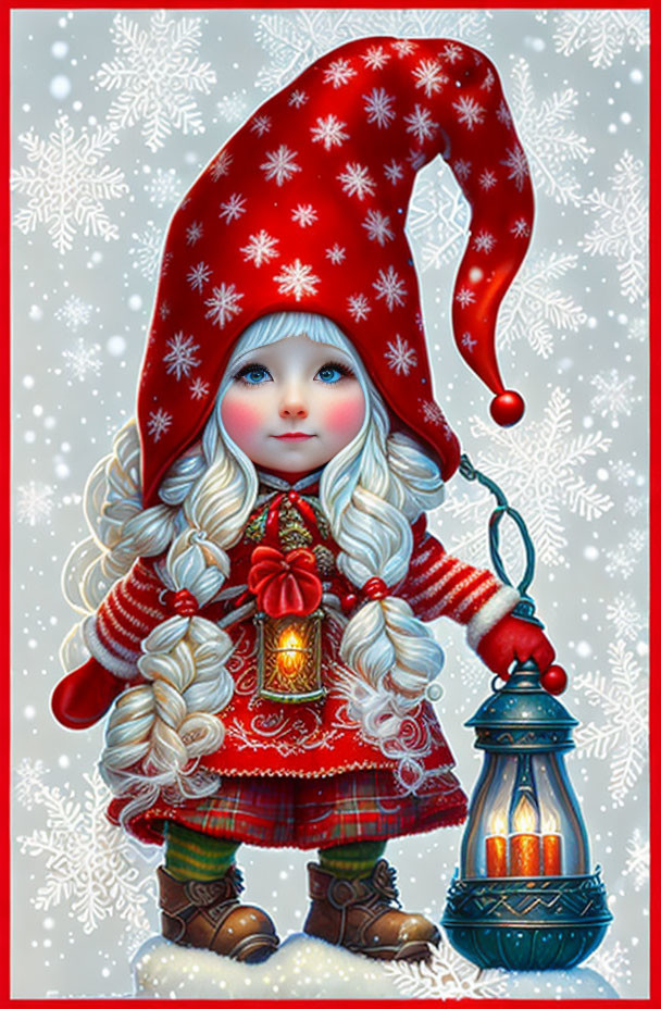 Whimsical girl with braided hair in red festive outfit holding lantern in snowflake scene