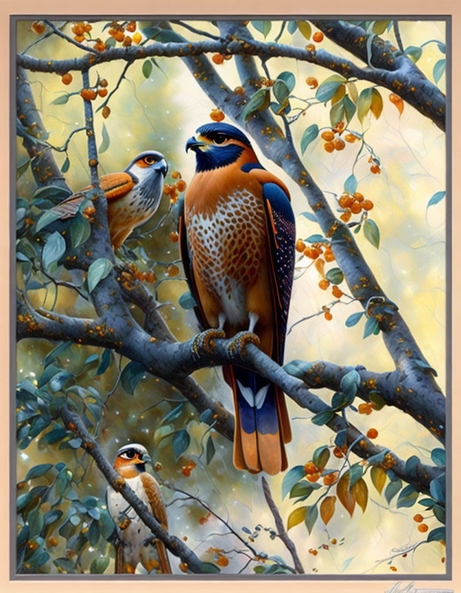 Three American Kestrels Perched Among Green Leaves and Orange Fruits