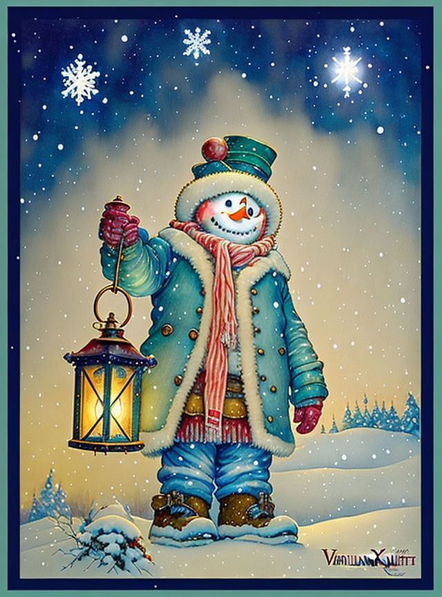 Snowman with lantern in snowy landscape under starry sky