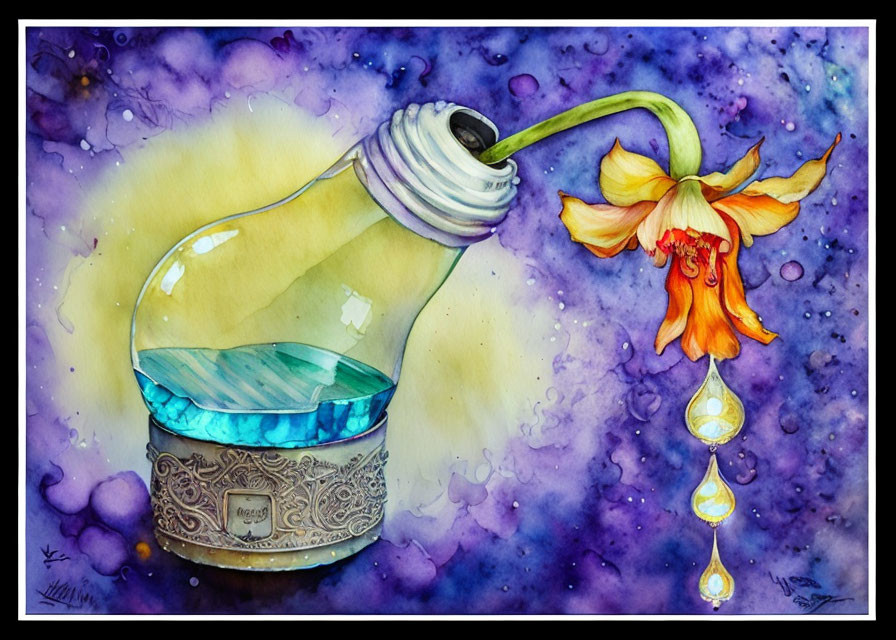 Whimsical watercolor painting of overturned light bulb with goldfish, water, and blooming flower