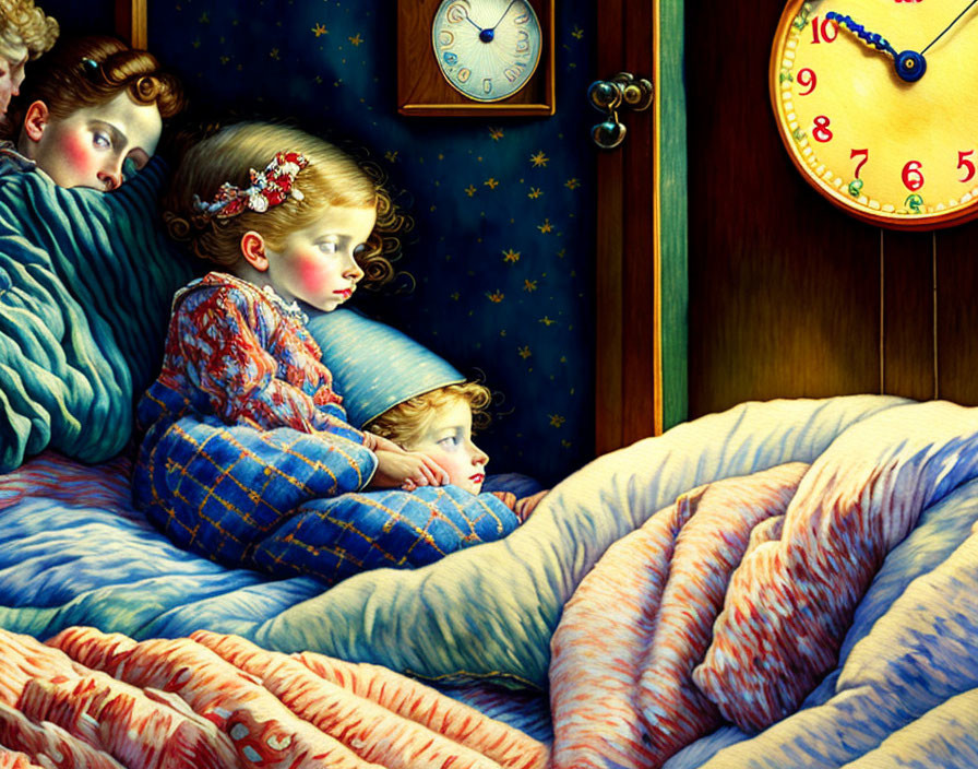 Three children in cozy pajamas gaze at a mysterious sight in a whimsical bedroom setting.