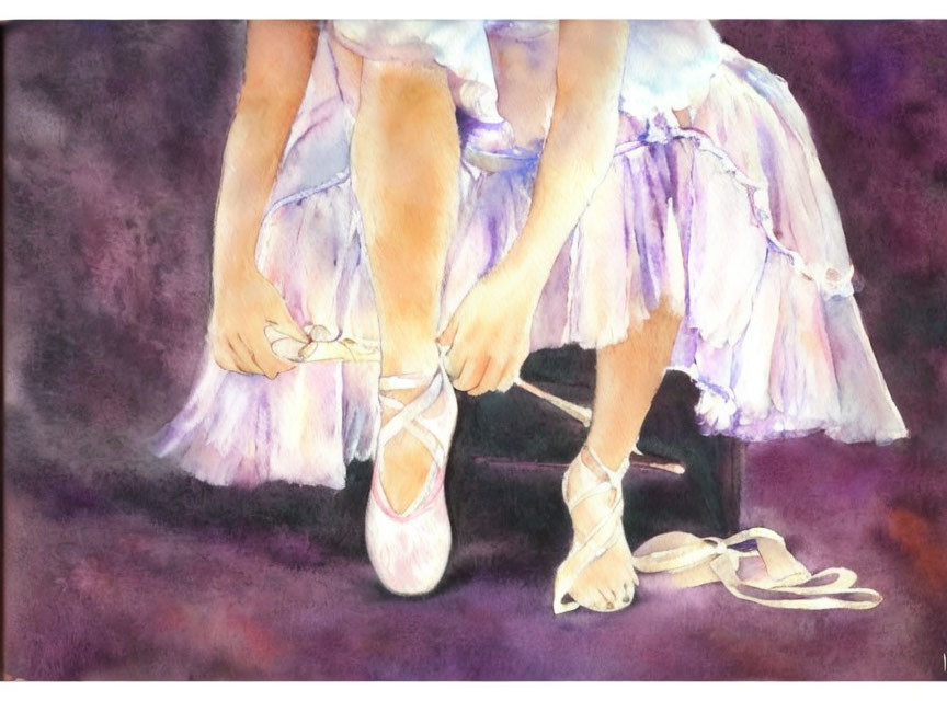 Watercolor painting: Ballerina tying pointe shoe ribbons on dark background