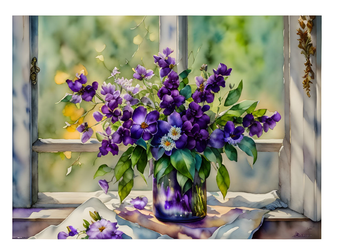 Purple flowers in vase on windowsill with blurred nature background.