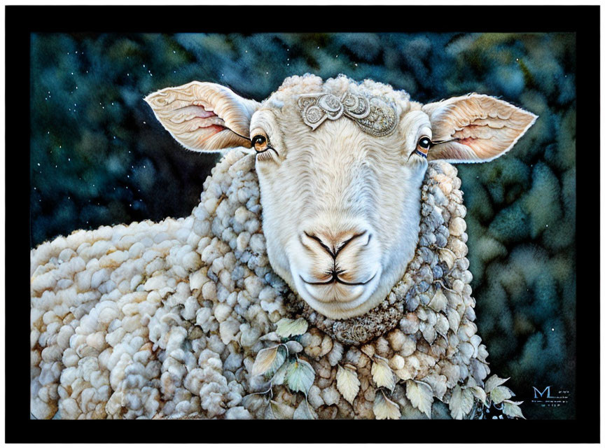 Detailed painting of fluffy sheep against starry night sky with leaves.