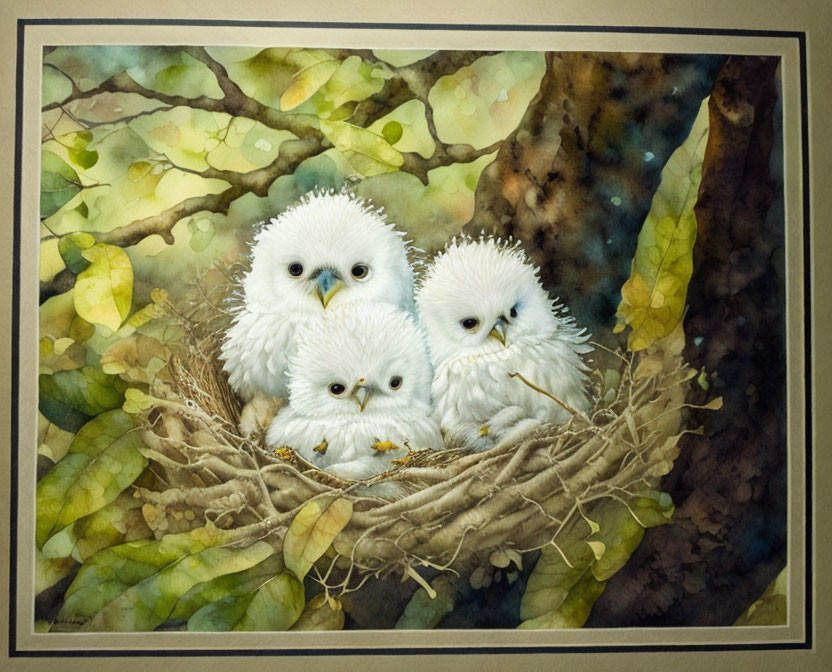 Three Baby Owls Cuddled in Nest Among Tree Branches