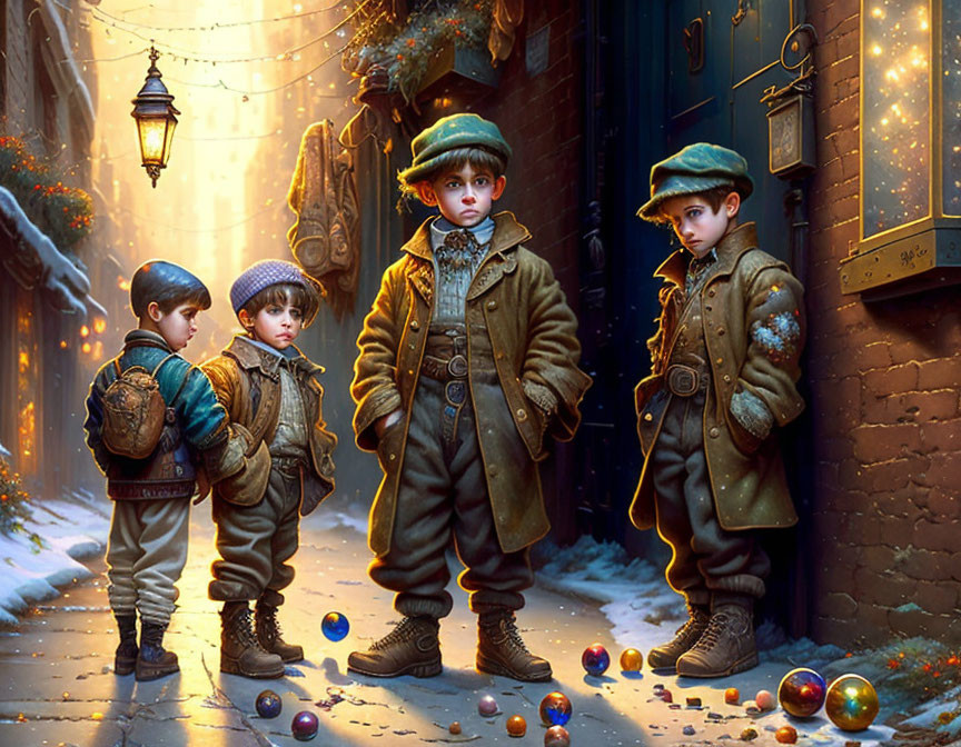 Four Boys in Vintage Clothing in Snowy Alley with Colorful Marbles