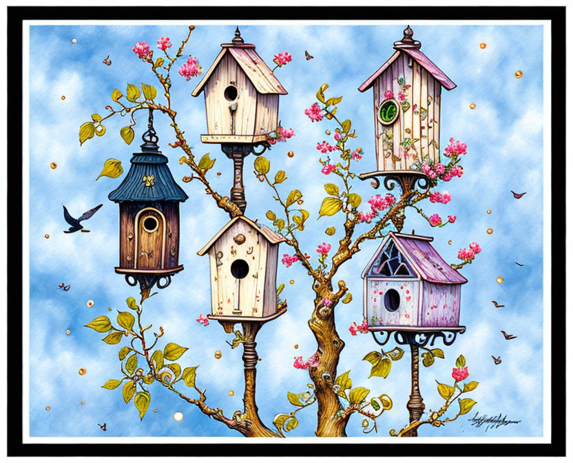 Whimsical birdhouses on flowering branches with bird in flight