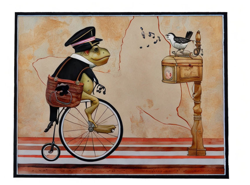 Vintage anthropomorphic frog on penny-farthing bike with bird and gramophone on aged paper.