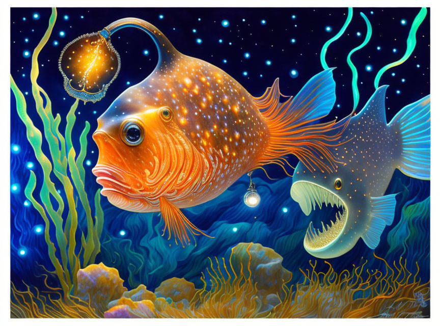 Colorful Deep-Sea Fish Illustration in Starry Ocean Environment