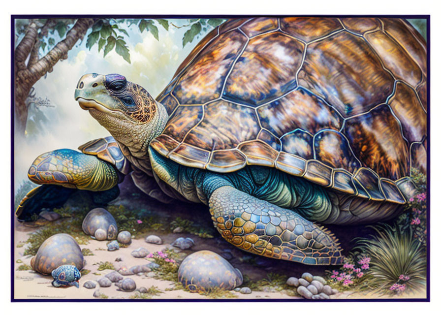 Illustrated Tortoise with Detailed Shell Patterns in Natural Setting