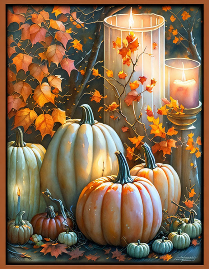 Autumn-themed painting with pumpkins, leaves, and glowing lanterns