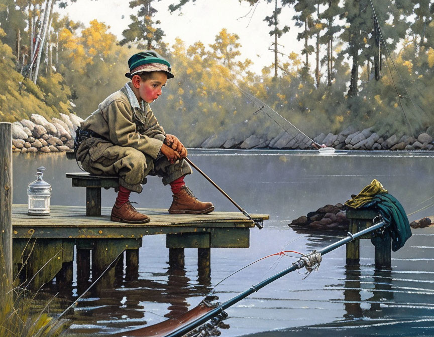 Young boy fishing on wooden dock by serene lake surrounded by trees and rocks