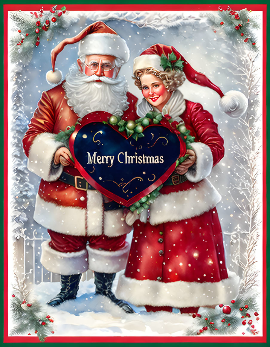 Santa and Mrs. Claus with "Merry Christmas" heart, festive decorations, snow