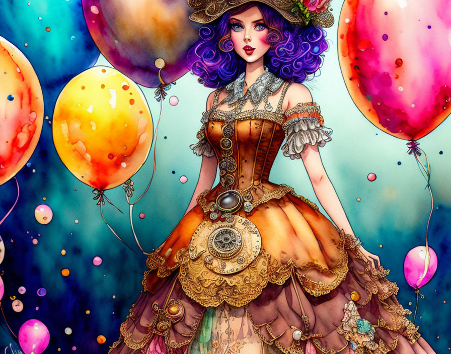 Vibrant steampunk-inspired woman with corset and balloons