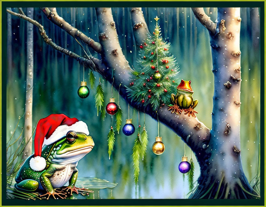 Frog in Santa hat by Christmas tree in snowy forest