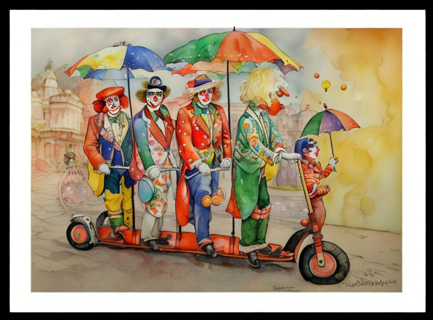 Colorful clowns on scooter in whimsical cityscape.