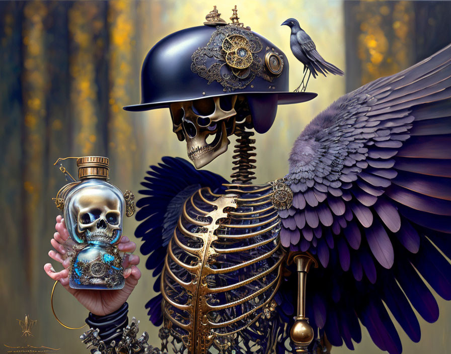 Steampunk skeleton with bird, skull bottle, and detailed wings