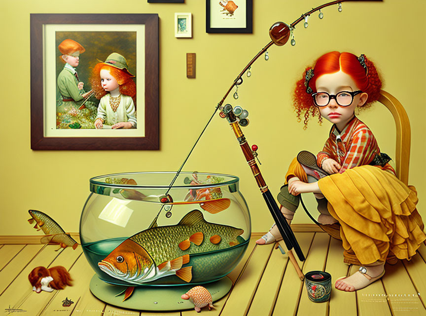 Red-haired girl with glasses and giant fishbowl in whimsical room