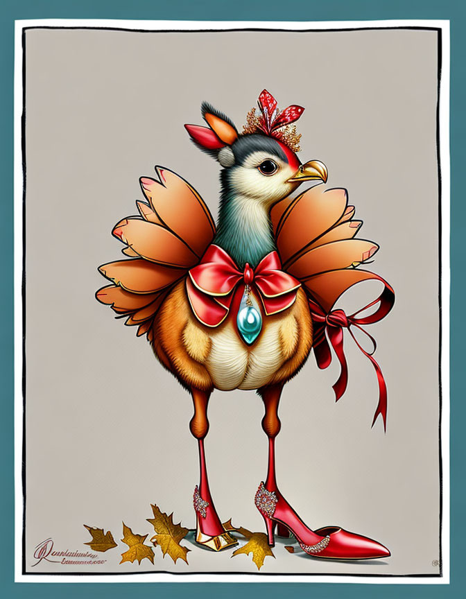 Fancy Chicken Illustration with Red Hat, Pearl Necklace, and High-Heeled Shoes