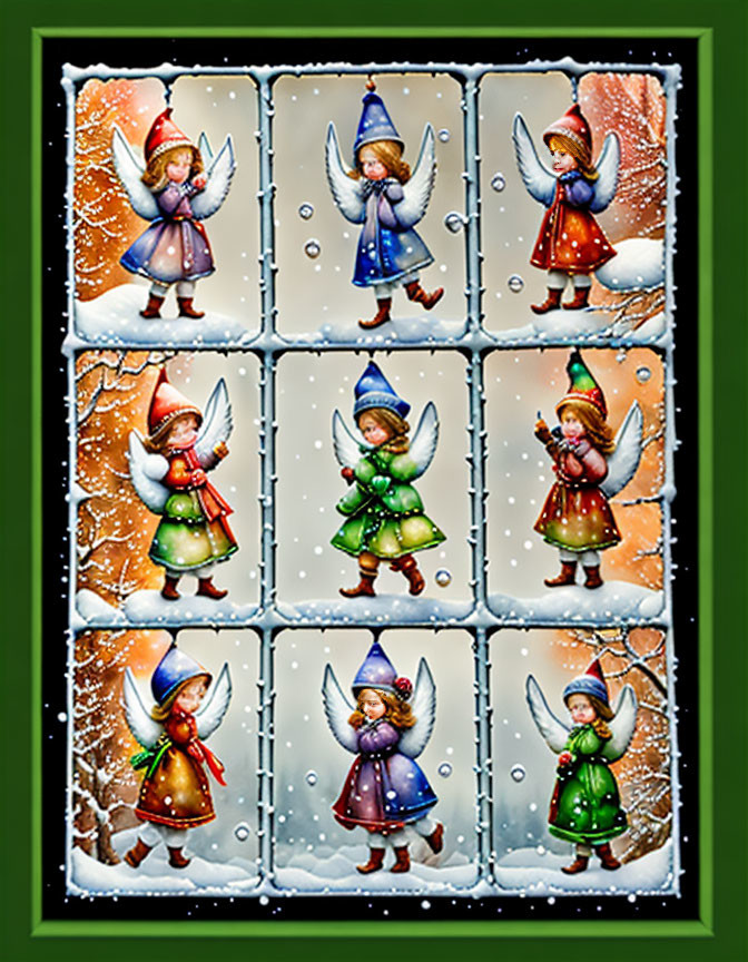 Grid of Nine Winter Fairies in Colorful Outfits on Snowy Windowpane