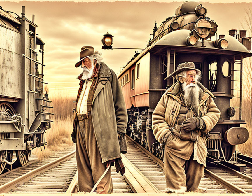 Elderly Men by Steam Train in Vintage Clothing