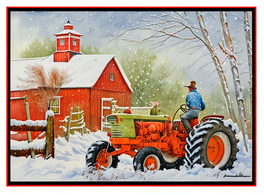 Man on Red Tractor in Snowy Scene with Barn and Bare Trees