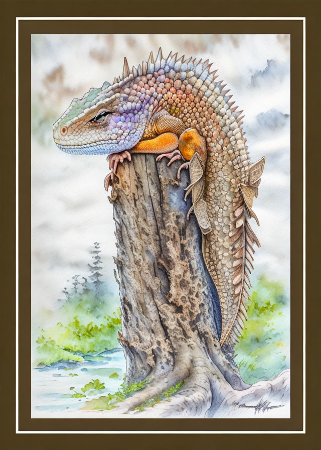 Vibrant watercolor painting of a bearded dragon on a tree trunk