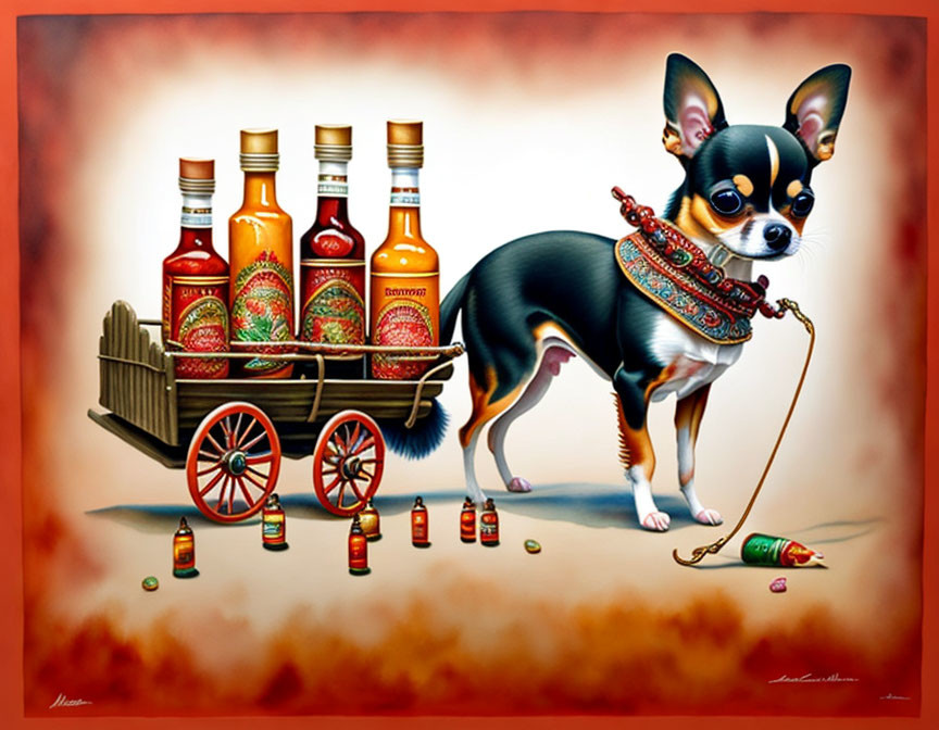 Chihuahua Dog Pulling Cart of Hot Sauce Bottles with Mouse and Chili Peppers