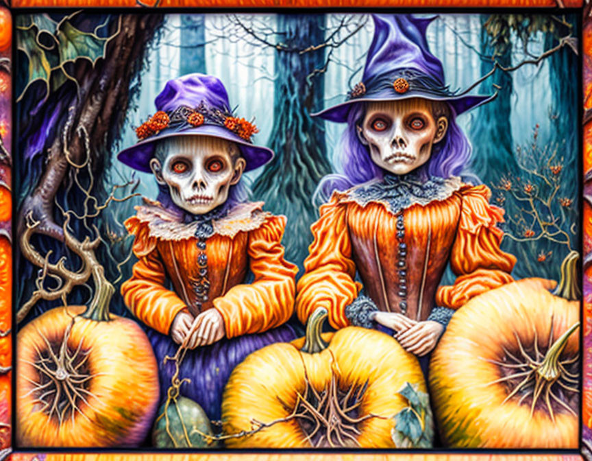 Two Skeleton Figures in Purple Witch Hats Among Pumpkins