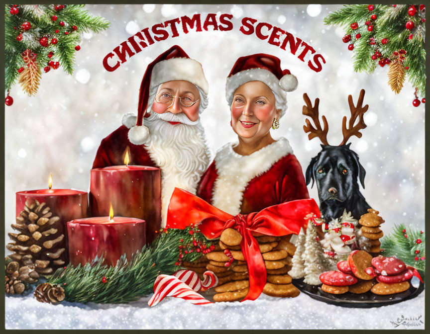 Festive scene with Santa, woman, dog, candles, pine cones, cookies, and gar