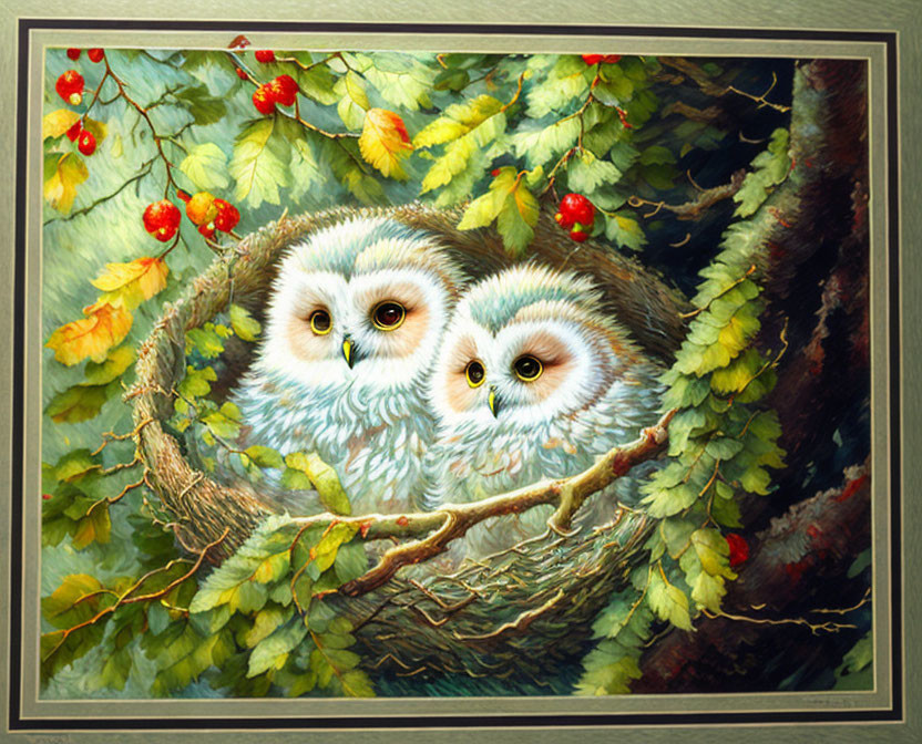 Pair of fluffy owls in tree nest with green leaves and red berries