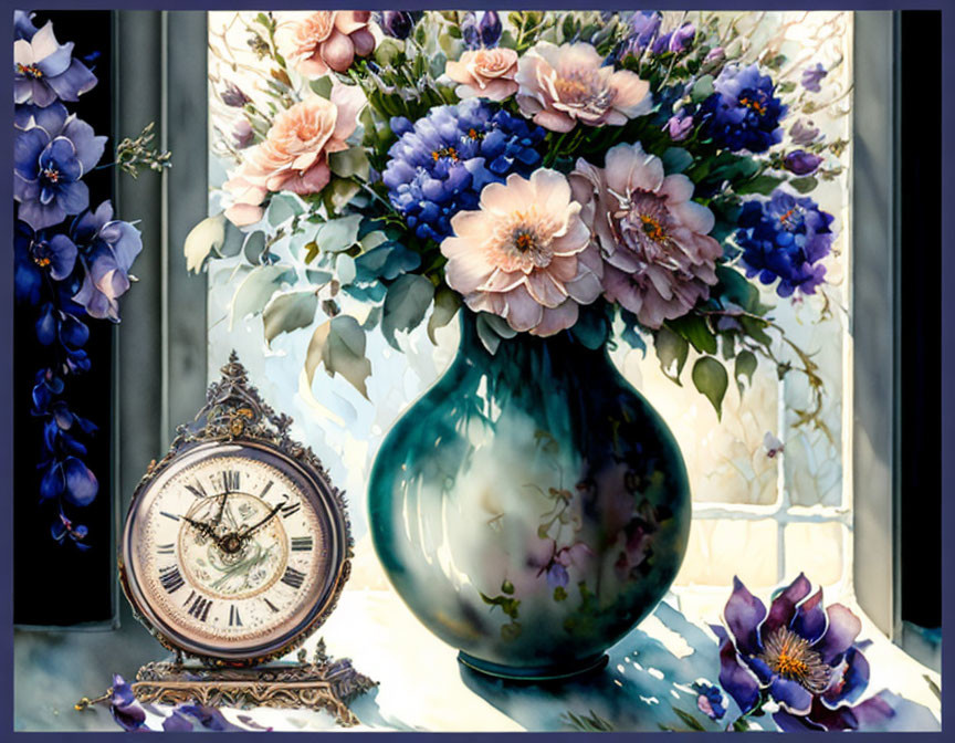 Vintage clock and lush flower vase by sunlit window