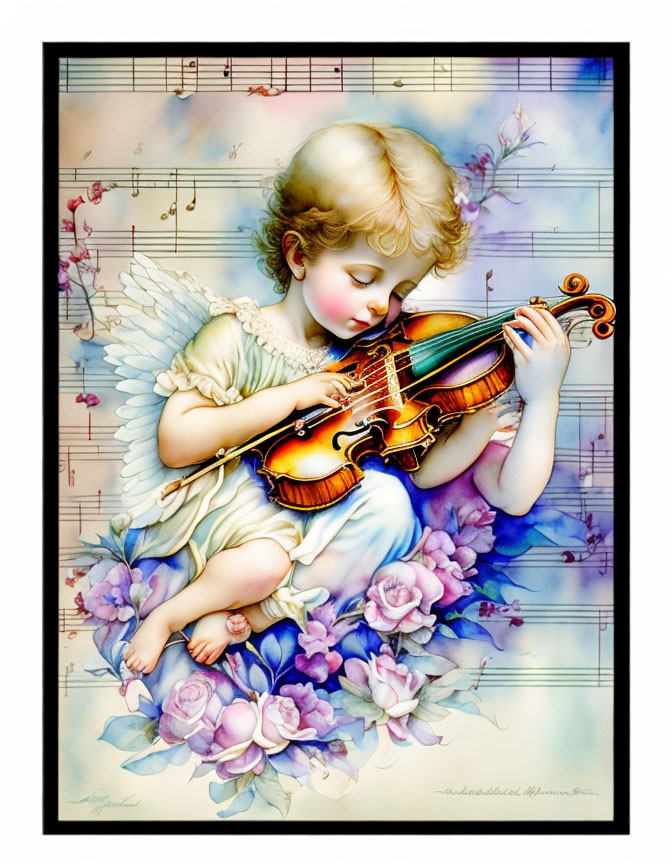 Angelic child with wings playing violin surrounded by floral accents and musical notes