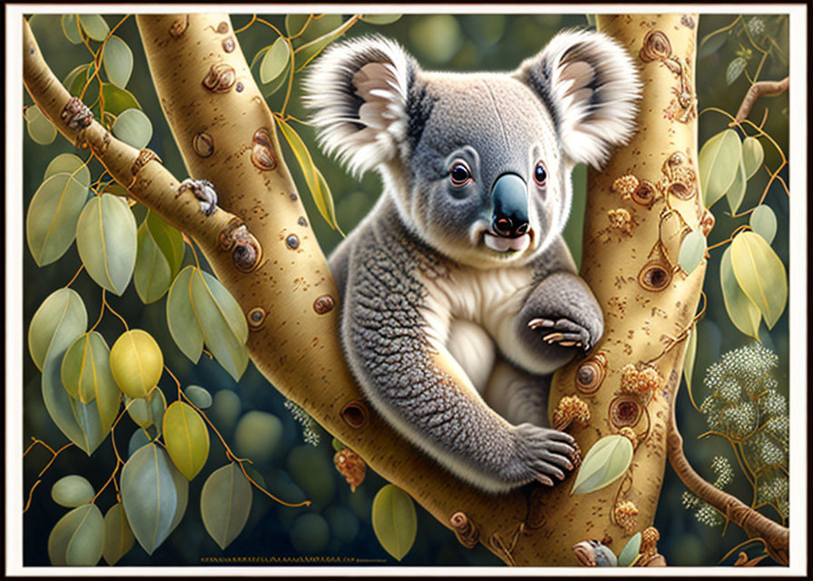 Fluffy Koala Clinging to Eucalyptus Tree with Green Leaves