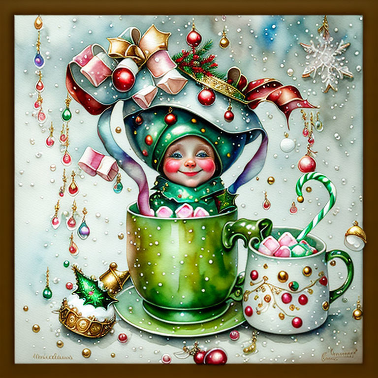 Elf emerging from green teapot with holiday decorations and hot cocoa