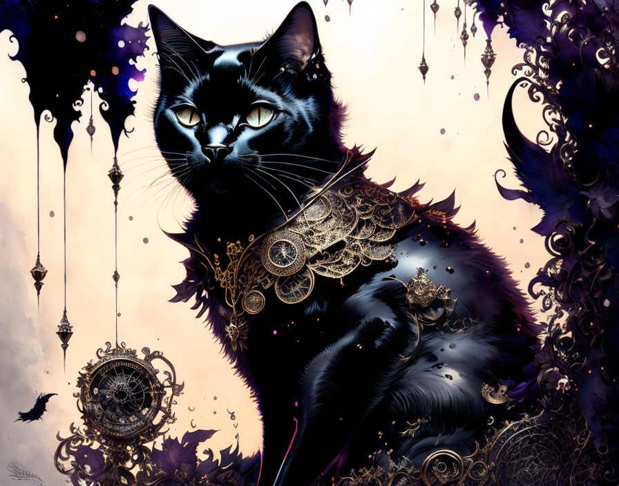 Black cat with golden embellishments in dark floral setting on cream background