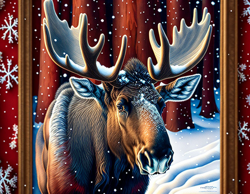 Colorful Moose Illustration with Antlers in Winter Scene