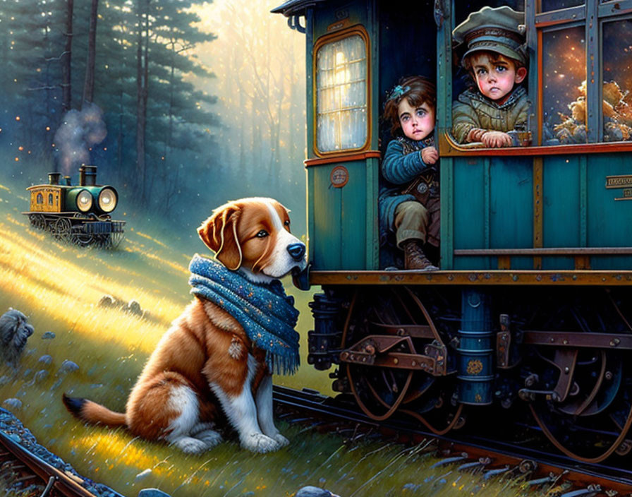 Children and dog on vintage train with forest background