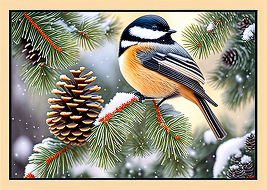 Colorful bird on snowy pine branch with pinecones in falling snow.