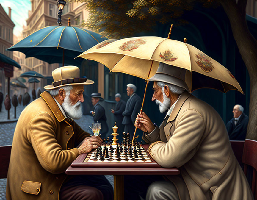 Elderly men play chess at outdoor cafe on sunny street