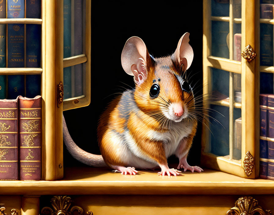 Realistic Mouse Illustration with Human-Like Eyes on Wooden Shelf