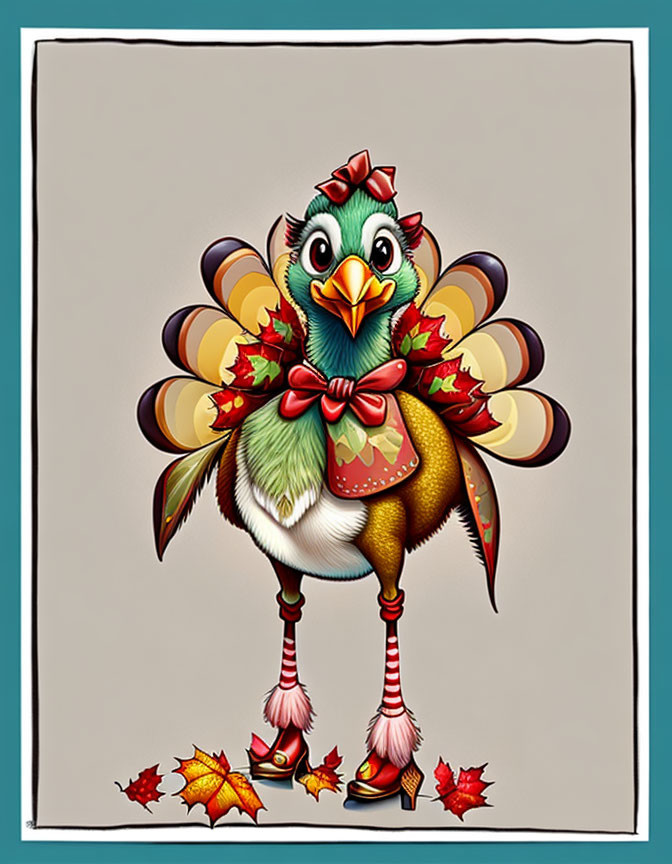 Festive turkey illustration with red bow and striped socks among autumn leaves