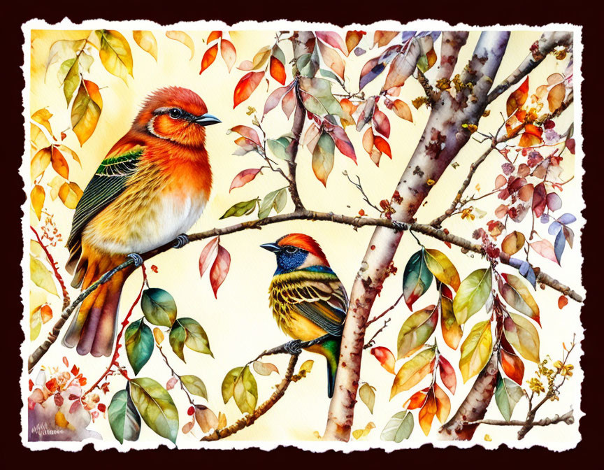 Colorful Birds Perched on Branches in Autumn Setting